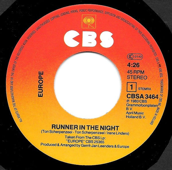 Europe (5) : Runner In The Night (7", Single)