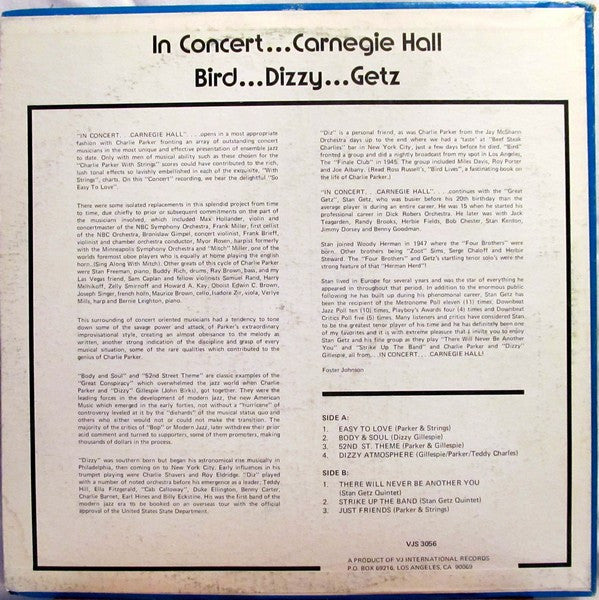 Dizzy Gillespie / Charlie Parker / Stan Getz : In Concert.....Carnegie Hall (LP, Comp)