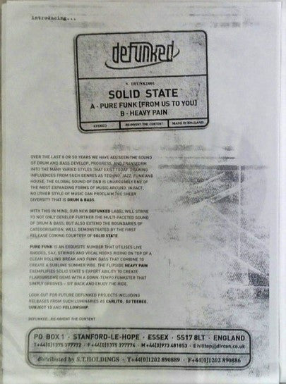 Solid State : Pure Funk  (From Us To You) / Heavy Pain (12", Promo)