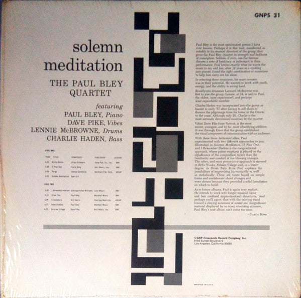 Paul Bley Quartet : Solemn Meditation (LP, Album, RE)