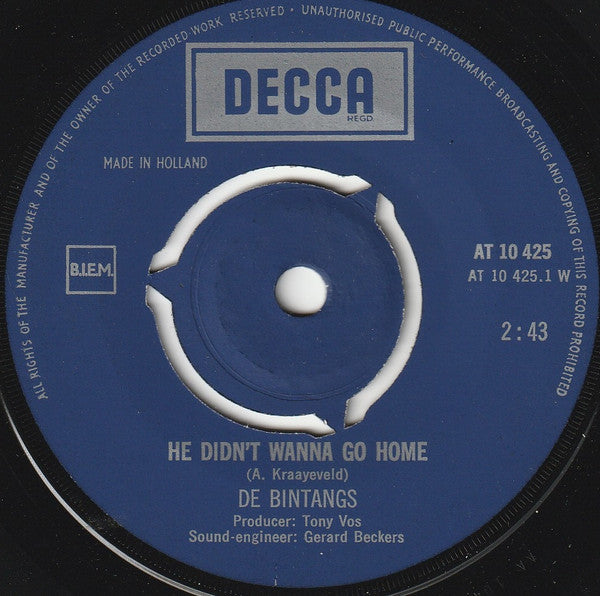 Bintangs : He Didn't Wanna Go Home / The Dying Of Mr. Fernandez (7", Single)