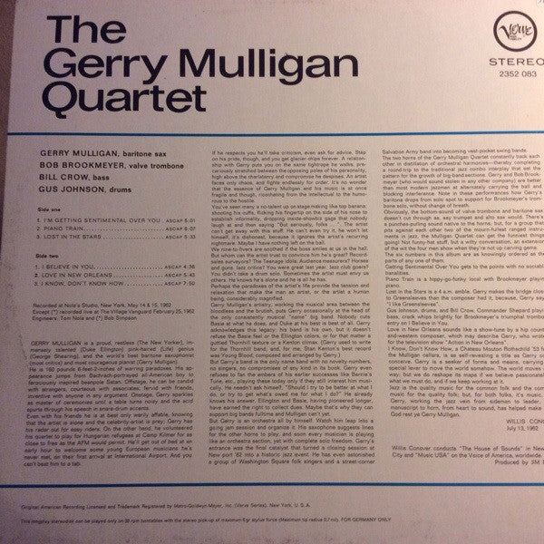 Gerry Mulligan Quartet : The Gerry Mulligan Quartet (LP, Album, RE)