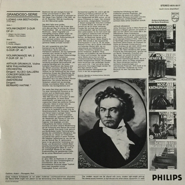 Ludwig Van Beethoven - Arthur Grumiaux : Violin Konzert / Romanze Nr. 1 G-dur / Romanze Nr. 2 F-dur (LP, Comp, RE)