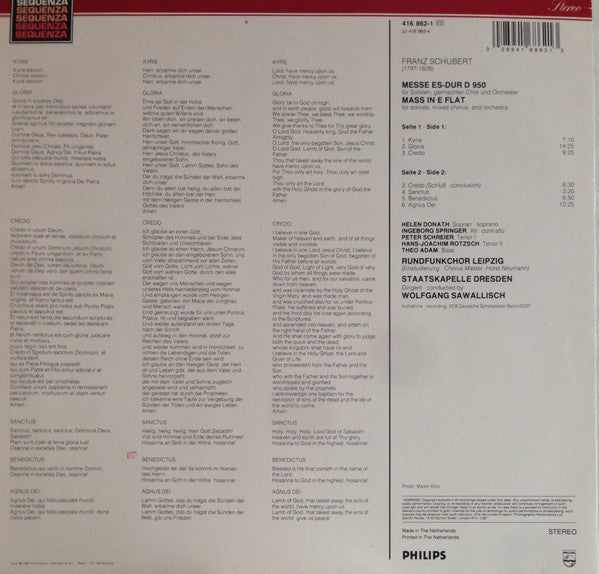 Franz Schubert - Helen Donath • Ingeborg Springer • Peter Schreier • Hans-Joachim Rotzsch • Theo Adam • Rundfunkchor Leipzig, Wolfgang Sawallisch, Staatskapelle Dresden : Messe Es-Dur (LP, Album)