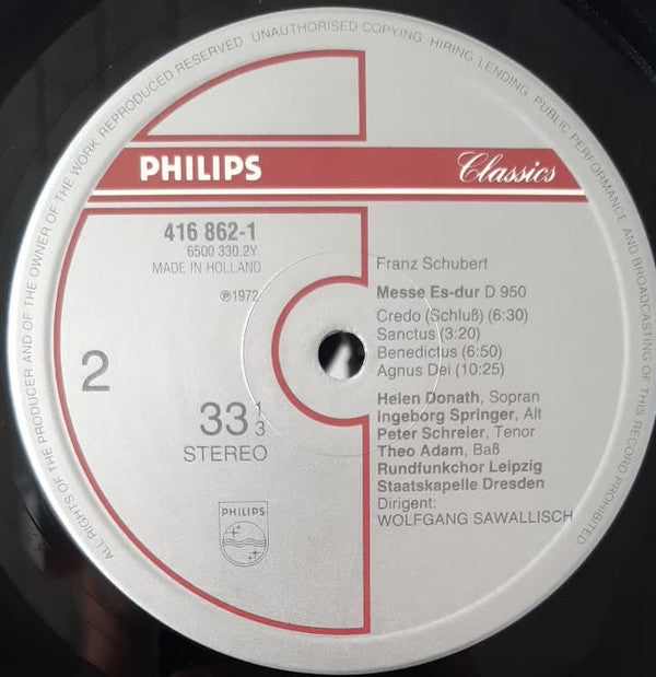 Franz Schubert - Helen Donath • Ingeborg Springer • Peter Schreier • Hans-Joachim Rotzsch • Theo Adam • Rundfunkchor Leipzig, Wolfgang Sawallisch, Staatskapelle Dresden : Messe Es-Dur (LP, Album)