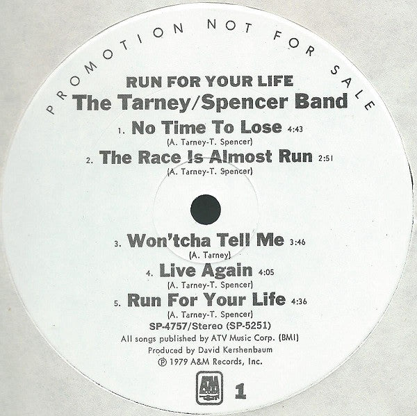 The Tarney/Spencer Band : Run For Your Life (LP, Album, Promo)