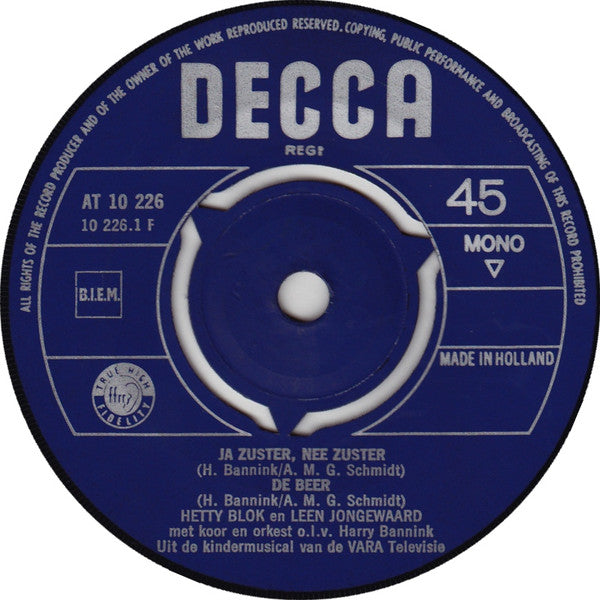 Hetty Blok En Leen Jongewaard : Ja Zuster, Nee Zuster / De Beer / Juffrouw, Waarom Is Uw Poes Zo Blauw (7", Single, Mono, Red)