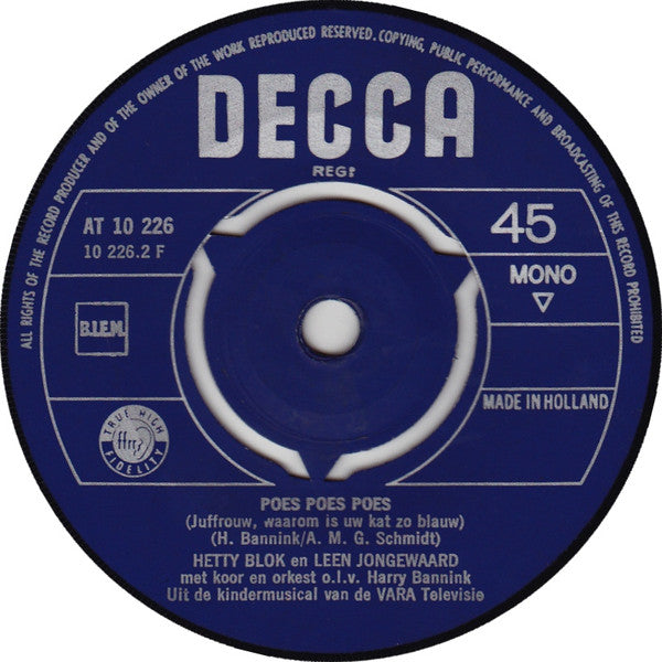 Hetty Blok En Leen Jongewaard : Ja Zuster, Nee Zuster / De Beer / Juffrouw, Waarom Is Uw Poes Zo Blauw (7", Single, Mono, Red)