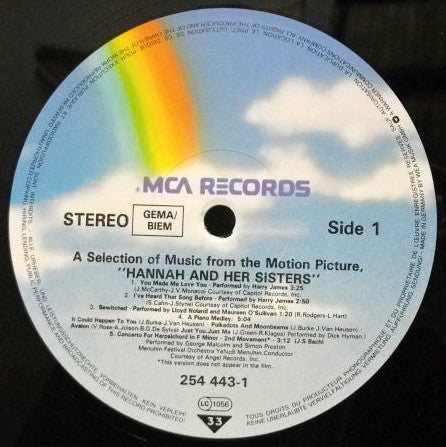 Various : Hannah And Her Sisters (A Selection Of Music From The Motion Picture) (LP, Comp)