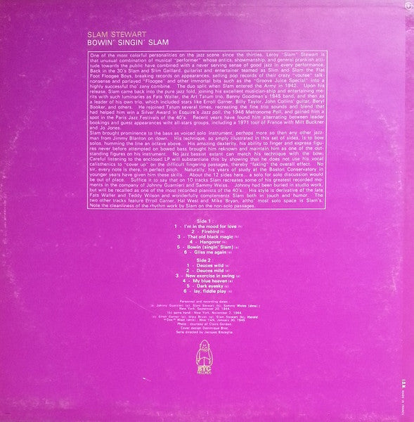 Slam Stewart Featuring Erroll Garner And Johnny Guarnieri : Bowin' Singin' Slam (LP, Album, RE)