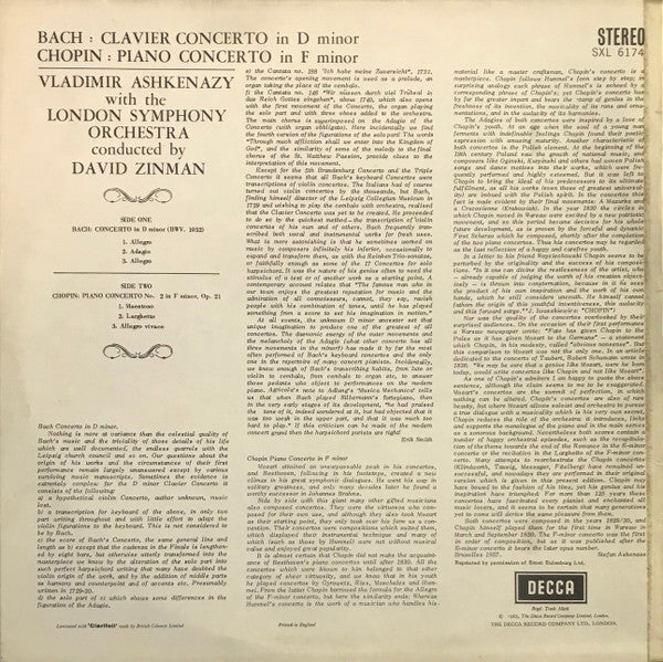 Johann Sebastian Bach, Frédéric Chopin, Vladimir Ashkenazy, David Zinman, London Symphony Orchestra : Concerto In D Minor / Concerto No.2 In F Minor (LP, Album, RP)