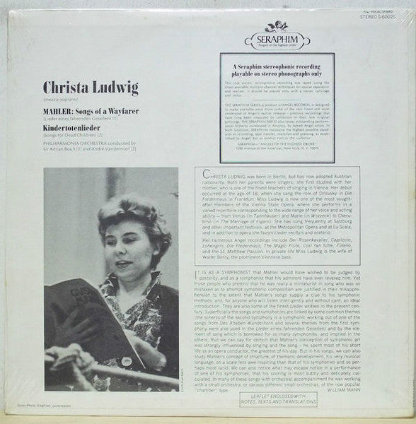Mahler* / Christa Ludwig, Philharmonia Orchestra, Sir Adrian Boult, André Vandernoot : Songs Of A Wayfarer & Kindertotenlieder (LP, RE)