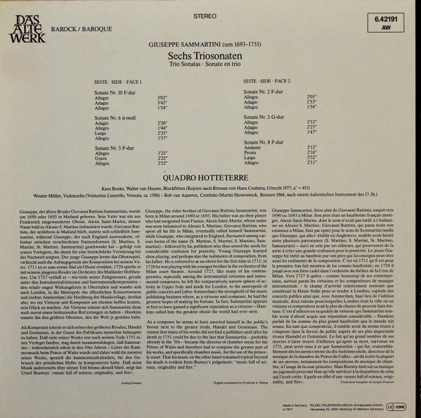 Giuseppe Sammartini - Quadro Hotteterre : 6 Trio Sonatas (LP)
