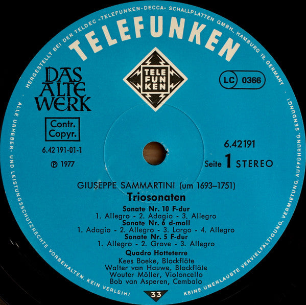 Giuseppe Sammartini - Quadro Hotteterre : 6 Trio Sonatas (LP)