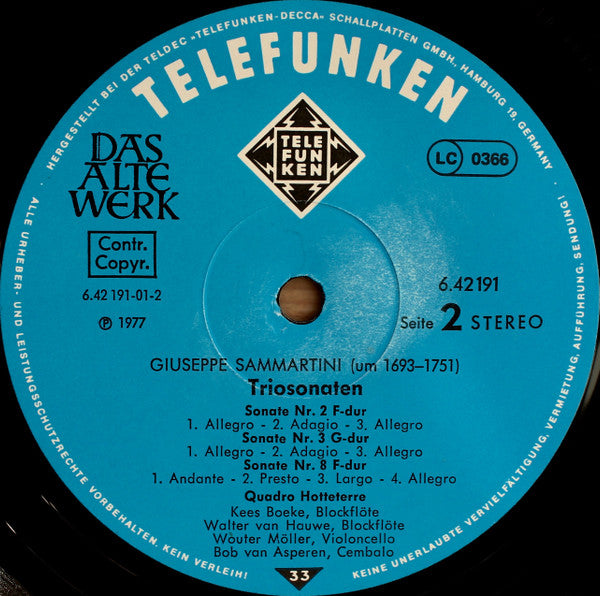 Giuseppe Sammartini - Quadro Hotteterre : 6 Trio Sonatas (LP)