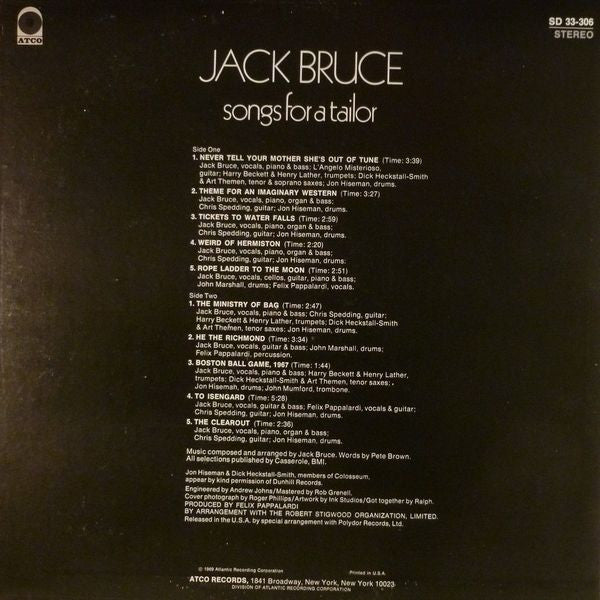 Jack Bruce : Songs For A Tailor (LP, Album, PR/)
