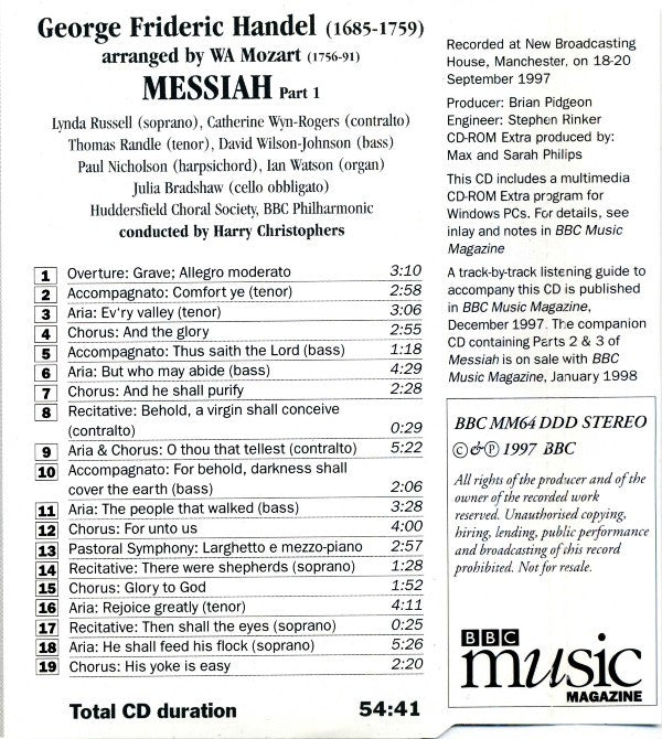 Georg Friedrich Händel , Arr. Wolfgang Amadeus Mozart - Harry Christophers : Messiah, Part 1 (CD, Enh)