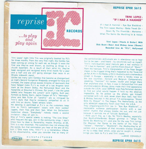 The Trini Lopez Trio : Trini Lopez At PJ's (7", EP, Mono)