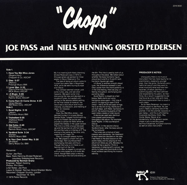 Joe Pass And Niels-Henning Ørsted Pedersen : "Chops" (LP, Album)