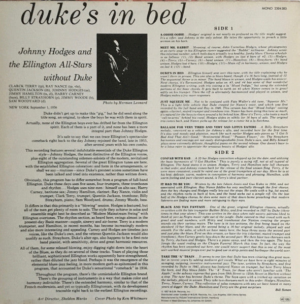 Johnny Hodges And The Ellington All-Stars Without Duke : Duke's In Bed (LP, Album, Mono, RE)