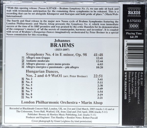 Johannes Brahms - London Philharmonic Orchestra, Marin Alsop : Symphony No. 4 / Hungarian Dances Nos. 2 And 4-9  (CD, Album, Sli)