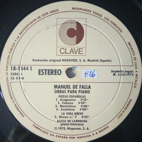 Manuel De Falla, Alicia De Larrocha : Obras Para Piano (LP)