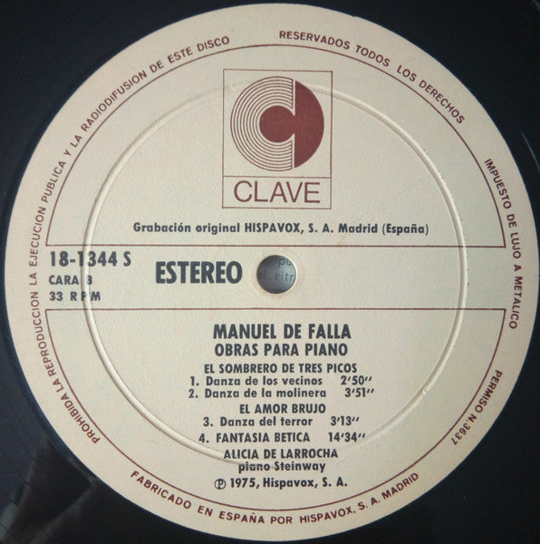 Manuel De Falla, Alicia De Larrocha : Obras Para Piano (LP)
