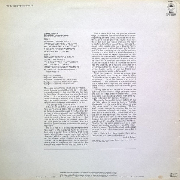 Charlie Rich : Behind Closed Doors (LP, Album, RE)