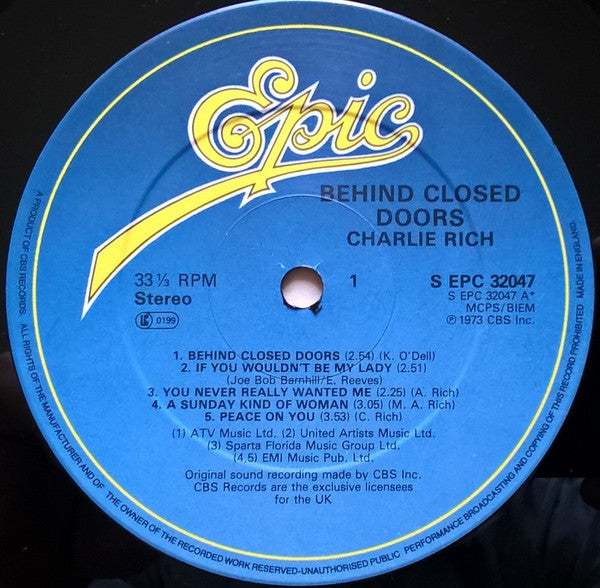 Charlie Rich : Behind Closed Doors (LP, Album, RE)