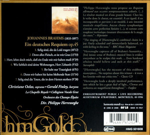 Johannes Brahms – Christiane Oelze, Gerald Finley, La Chapelle Royale, Collegium Vocale, Orchestre Des Champs Elysées, Philippe Herreweghe : Ein Deutsches Requiem (CD, RE)