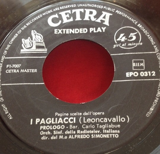 Carlo Tagliabue, Orchestra Sinfonica Di Roma Della RAI, Alfredo Simonetto, Carlo Bergonzi, Salvatore De Tommaseo : Pagine Scelte Dall'Opera I Pagliacci (Leoncavallo) (7")