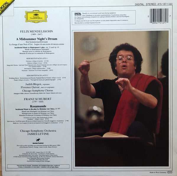 Felix Mendelssohn-Bartholdy / Franz Schubert - Judith Blegen • Florence Quivar • Chicago Symphony Chorus • Chicago Symphony Orchestra • James Levine (2) : A Midsummer Night's Dream = Ein Sommernachtstraum / Rosamunde (LP, Album)