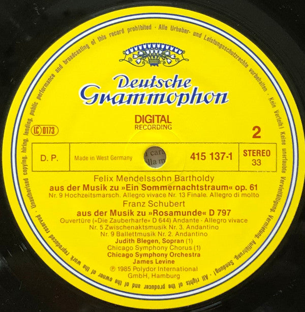 Felix Mendelssohn-Bartholdy / Franz Schubert - Judith Blegen • Florence Quivar • Chicago Symphony Chorus • Chicago Symphony Orchestra • James Levine (2) : A Midsummer Night's Dream = Ein Sommernachtstraum / Rosamunde (LP, Album)