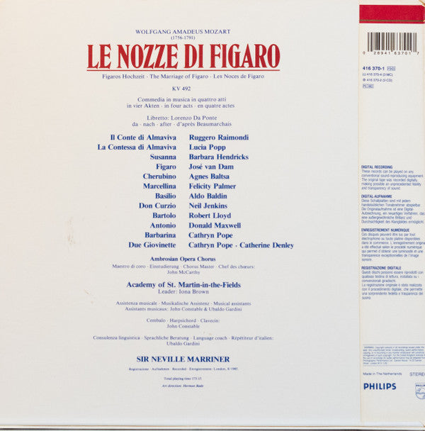 Mozart*  -  Van Dam*, Hendricks*, Raimondi*, Popp*, Baltsa*, Lloyd*, Palmer*, Baldin*, The Academy Of St. Martin-in-the-Fields, Sir Neville Marriner : Le Nozze Di Figaro (3xLP + Box)