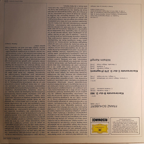 Franz Schubert, Wilhelm Kempff : Klaviersonate B-dur D. 960, Klaviersonate C-dur D. 279 (LP)