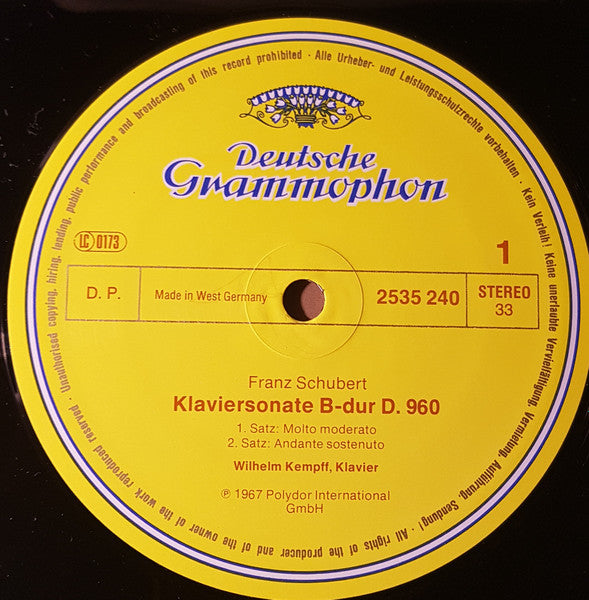Franz Schubert, Wilhelm Kempff : Klaviersonate B-dur D. 960, Klaviersonate C-dur D. 279 (LP)