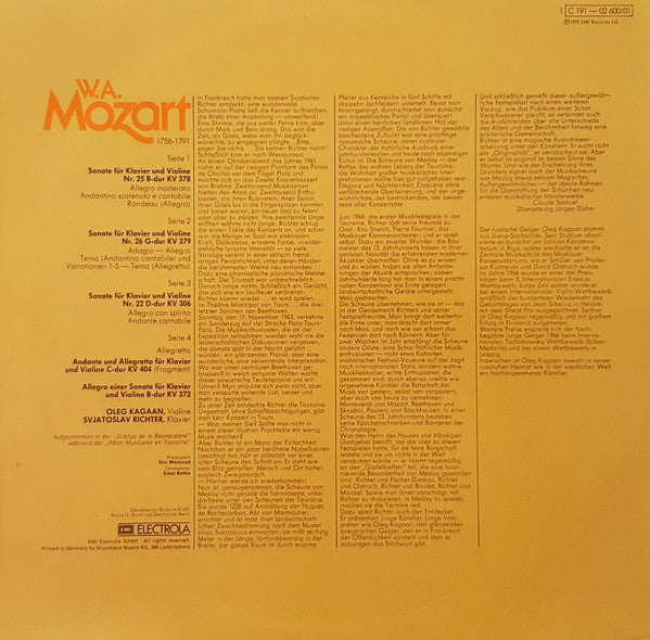 Sviatoslav Richter, Oleg Kagan, Wolfgang Amadeus Mozart : Drei Sonaten Kv 378, 379, 306 / Andante Und Allegretto Kv 404 / Allegro B-dur Kv 372 (2xLP)