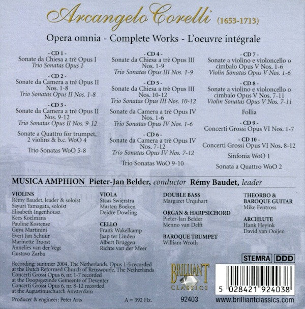 Arcangelo Corelli, Musica Amphion, Pieter-Jan Belder : Opera Omnia = Complete Works = L'Oeuvre Intégrale (10xCD + Box)