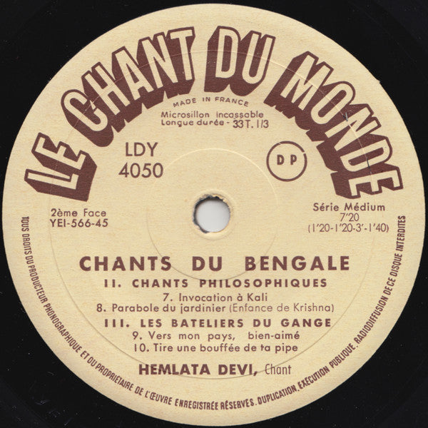 Hemlata Devi : Chants Du Bengale (7", EP)