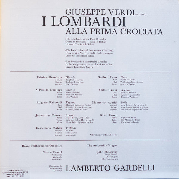 Giuseppe Verdi / Cristina Deutekom, Placido Domingo, Ruggero Raimondi, Royal Philharmonic Orchestra, The Ambrosian Singers, Lamberto Gardelli : I Lombardi (3xLP, Album + Box)