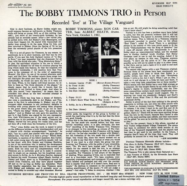 The Bobby Timmons Trio : In Person (LP, Album, Ltd, Num, RE)