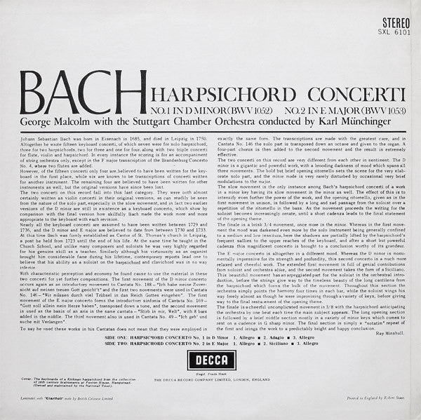 Bach*, George Malcolm, Stuttgart Chamber Orchestra*, Münchinger* : Harpsichord Concerti Nos.1 & 2 (LP)