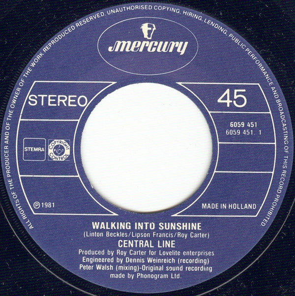 Central Line : Walking Into Sunshine (7", Single)