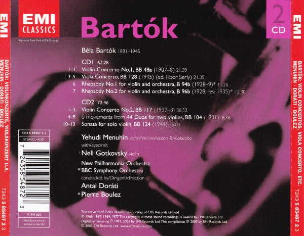 Béla Bartók - Yehudi Menuhin : Violin Concertos 1 & 2 · Viola Concerto · Rhapsodies 1 & 2 (2xCD, Comp)