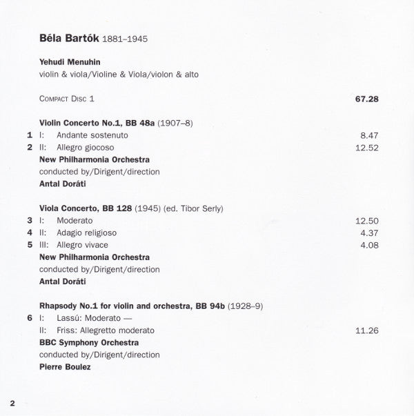 Béla Bartók - Yehudi Menuhin : Violin Concertos 1 & 2 · Viola Concerto · Rhapsodies 1 & 2 (2xCD, Comp)