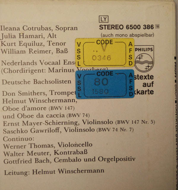Johann Sebastian Bach, Deutsche Bachsolisten, Helmut Winschermann : Kantaten - Wer Mich Liebet, Der Wird Mein Wort Halten, BWV 74; Herz Und Mund Und Tat Und Leben, BWV 147 (LP)