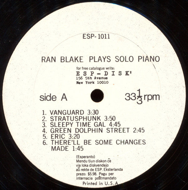 Ran Blake : Plays Solo Piano (LP, Album, Mono)