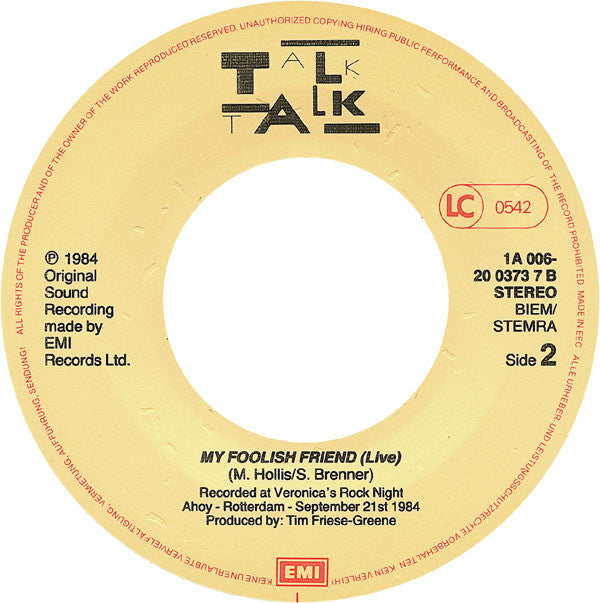 Talk Talk : Tomorrow Started (Live) (7", Single)