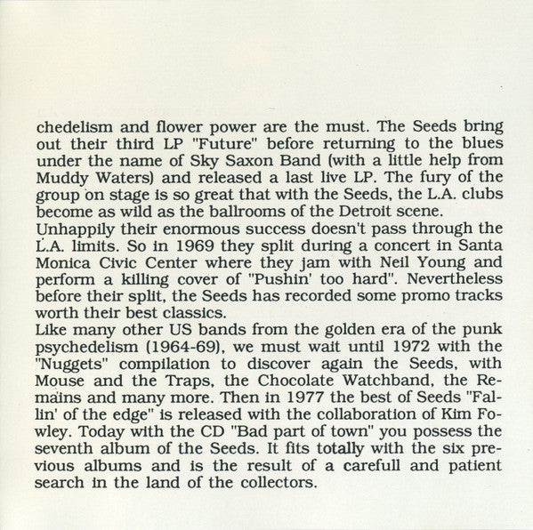 The Seeds / Sky Saxon : Bad Part Of Town / The Live Album Bedtime (CD, Comp, RE)