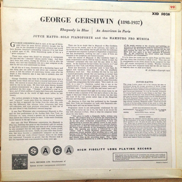 George Gershwin - Joyce Hatto, George Byrd, The Hamburg Pro Musica : Gershwin's Rhapsody In Blue, An American In Paris (LP)
